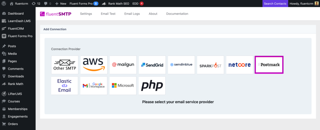 postmark in fluent smtp connection providers