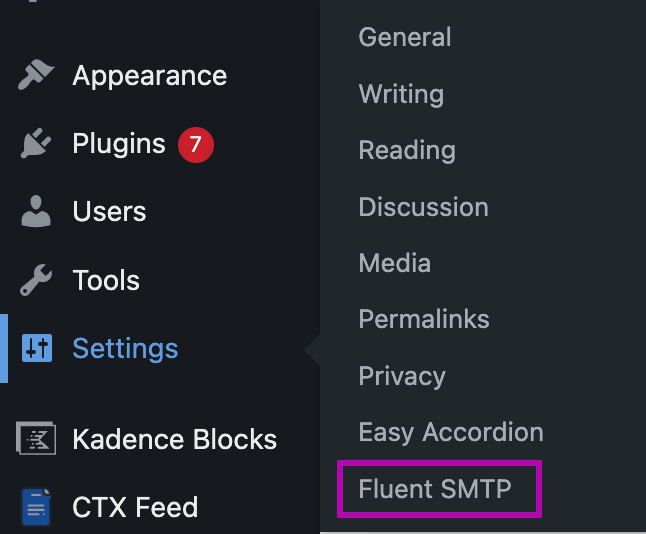 fluent smtp in WordPress settings