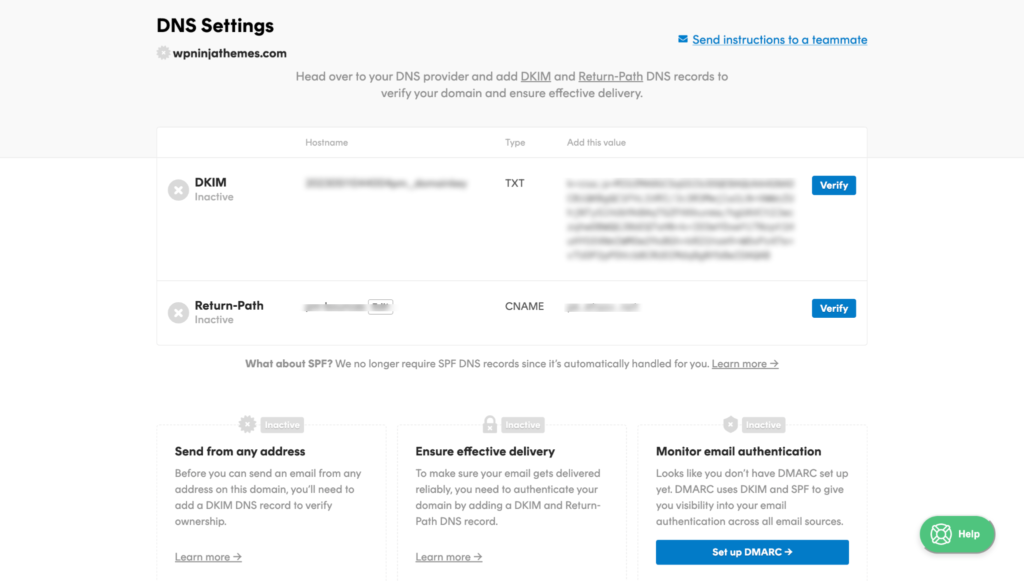 dns and dkim record of Postmark