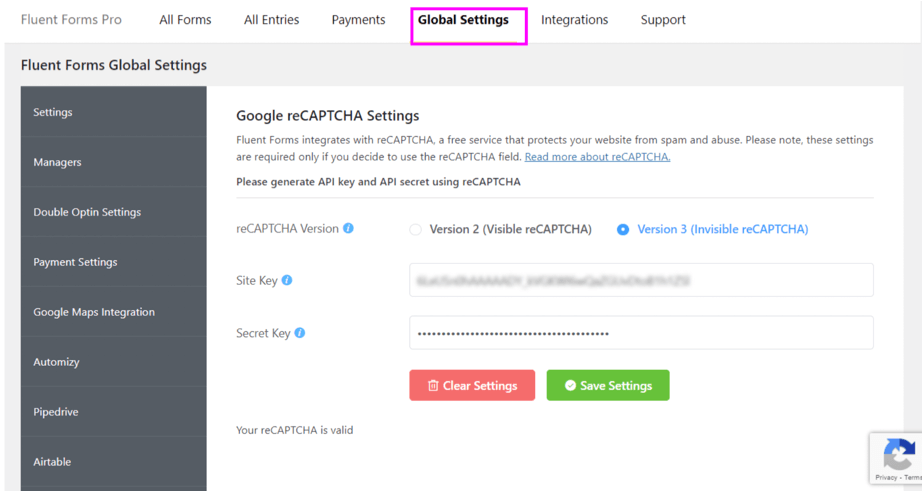 adding google recaptcha to fluent forms through the global settings 