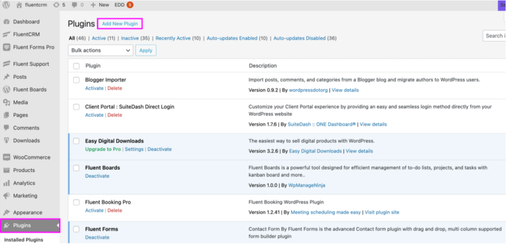 WordPress dashboard to show how to add a plugin 