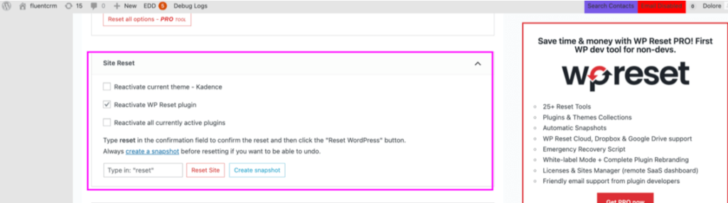 resetting wordpress website with wp reset