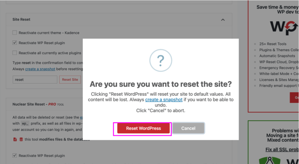 resetting wordpress website with wp reset