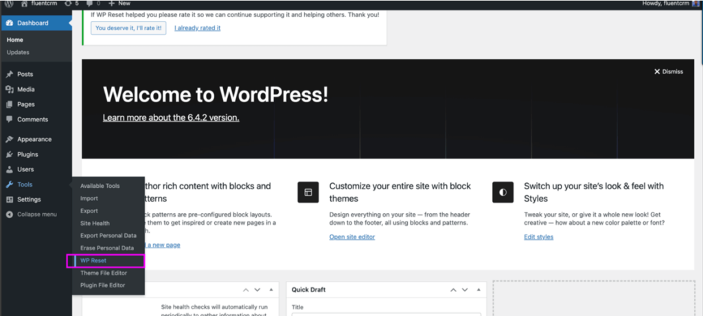 resetting wordpress website with wp reset