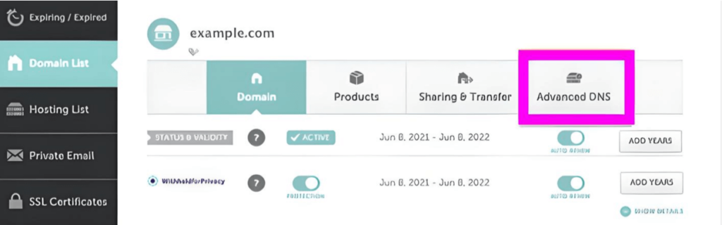 dns setting dashboard 