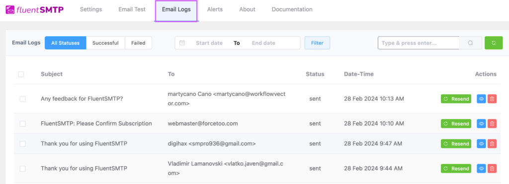 wordpress email log