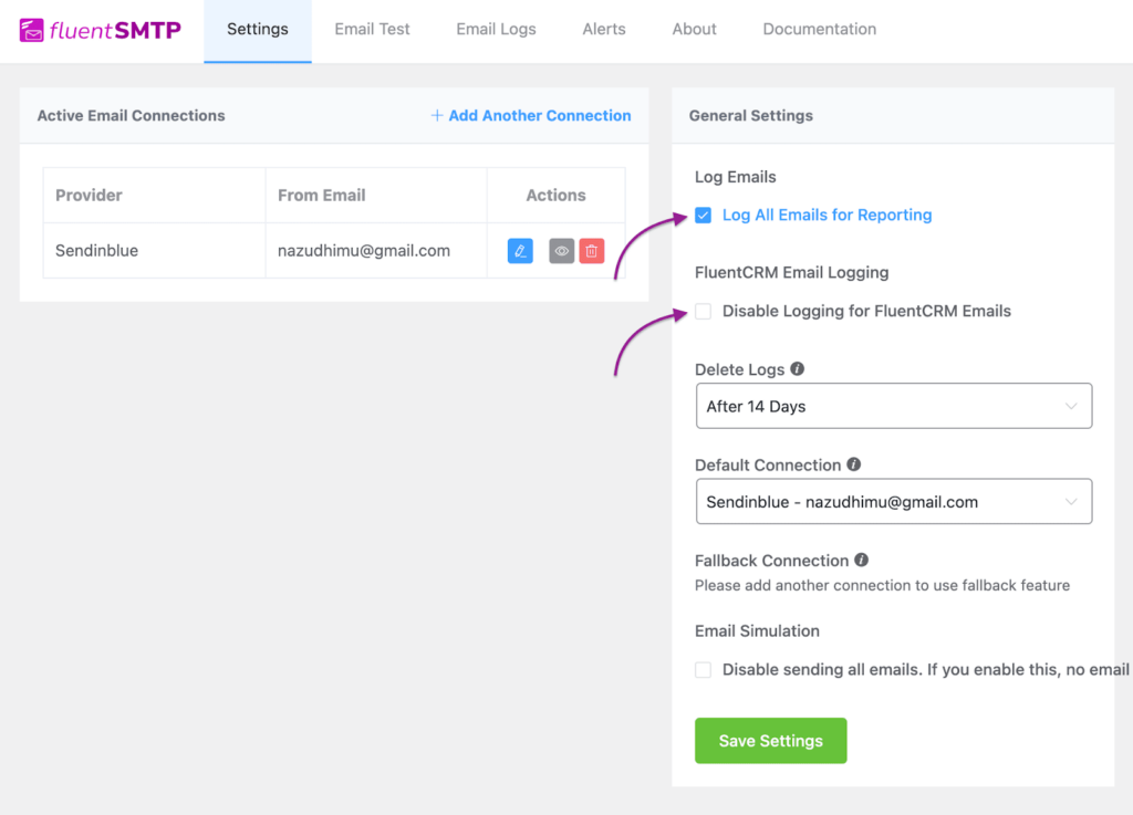 how to enable email logging on fluentsmtp
