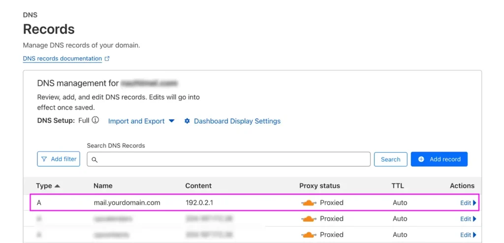 adding a records in dns settings