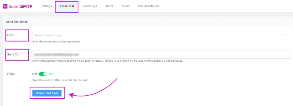 sending test email in fluentsmtp