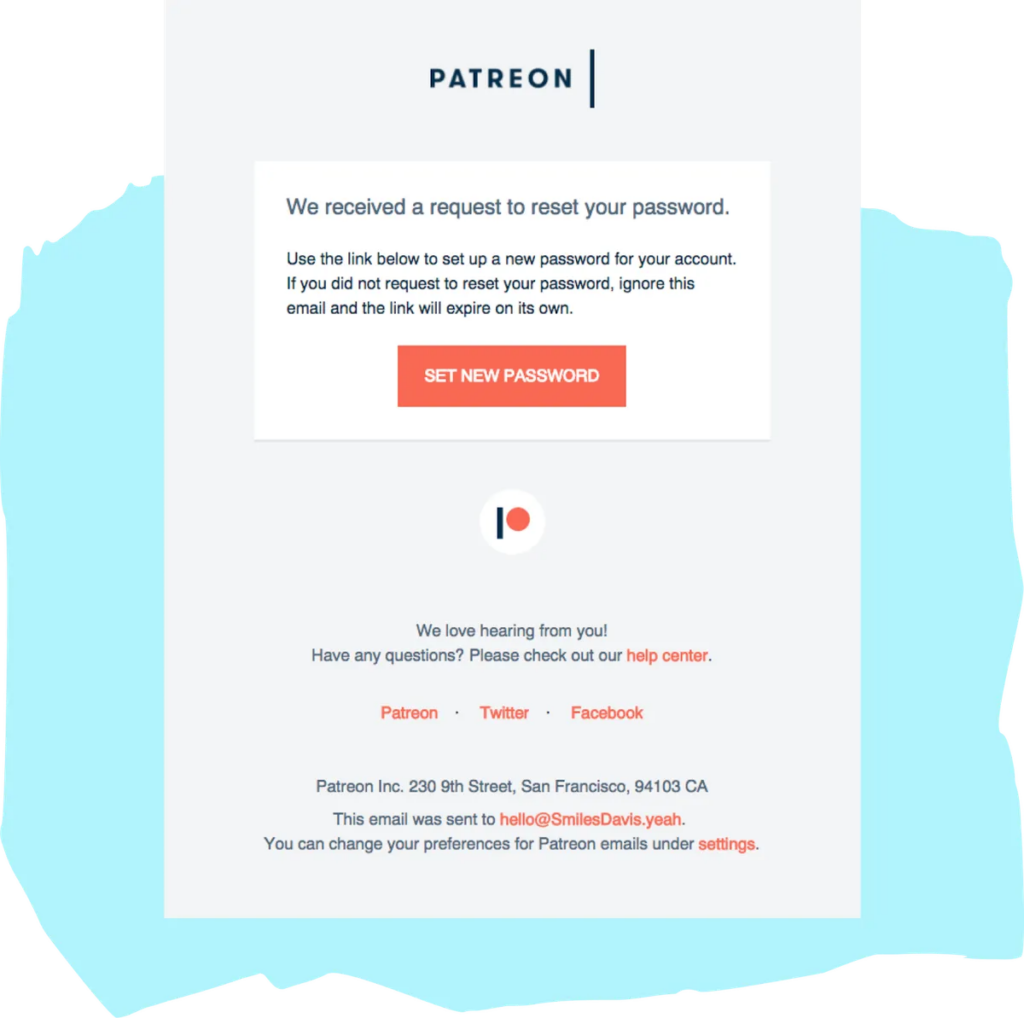 Password Reset Email example of Patreon