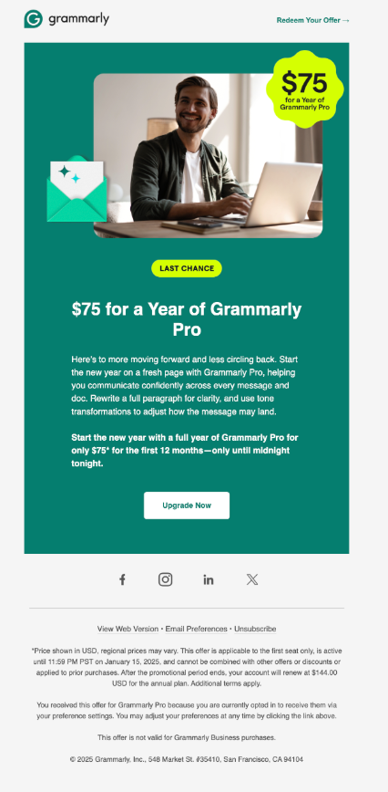 Promotional or Discount Email Example of Grammarly