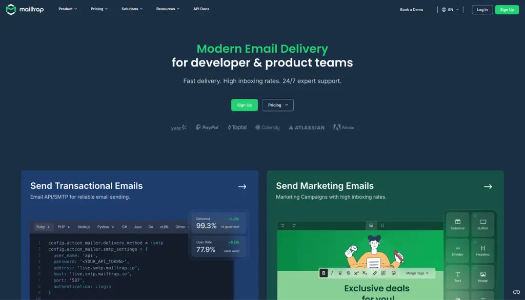 Mailtrap homepage featuring modern email delivery for developers.