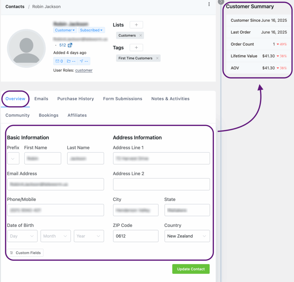 contact details and tracking with FluentCRM