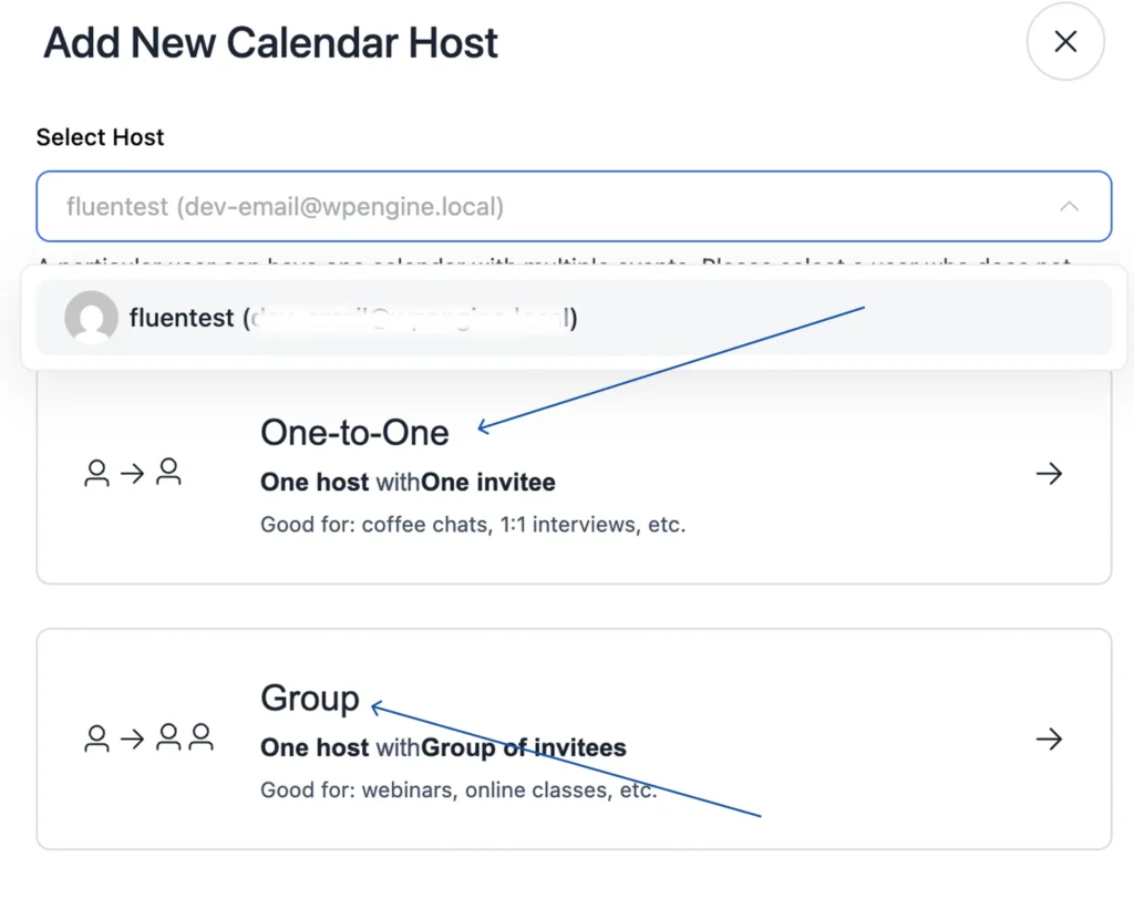 calendar host and meeting type select