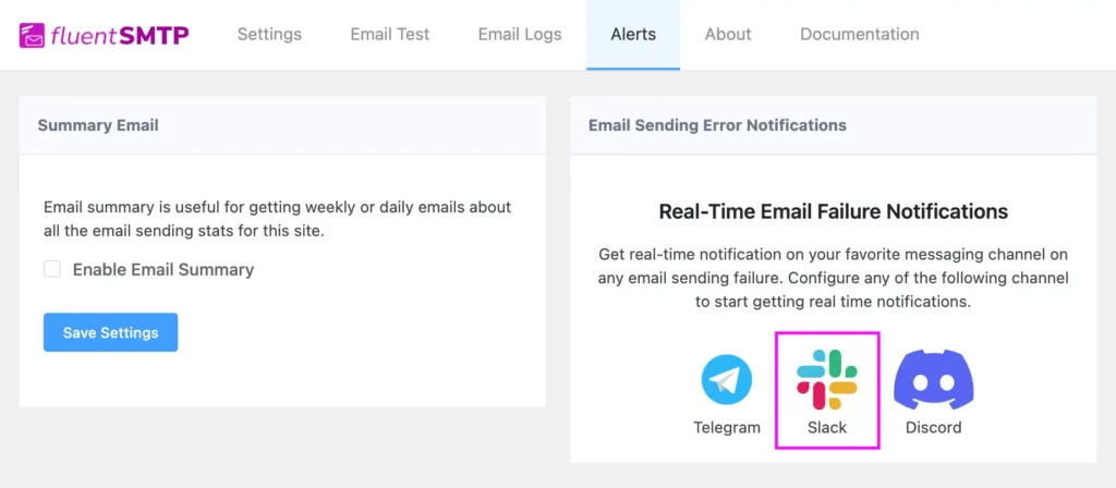 select slack on fluentsmtp