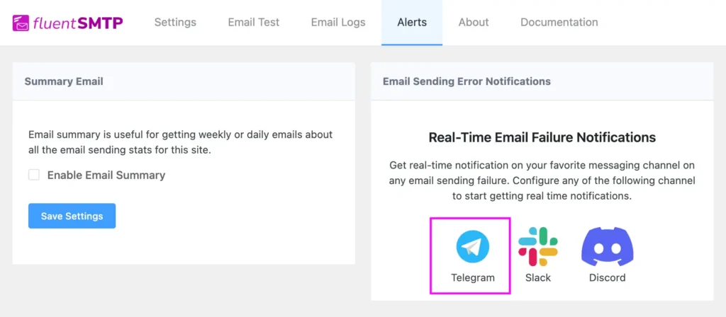 select telegram on fluentsmtp