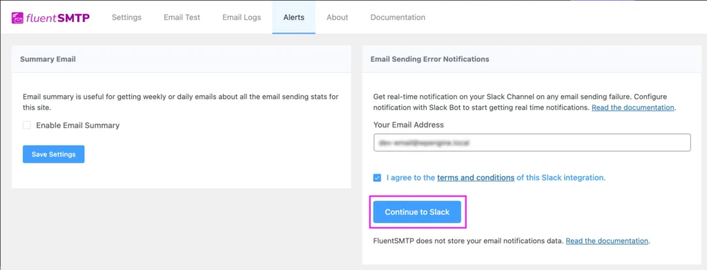 agree terms and condition to using slack in fluentsmtp