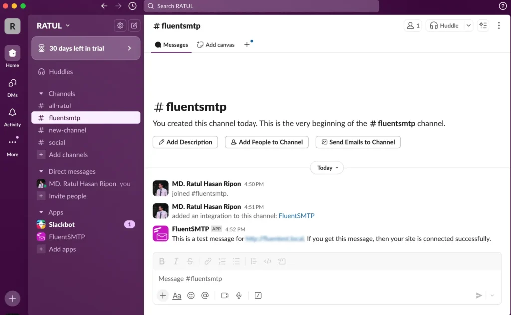 test message from fluentsmtp in slack