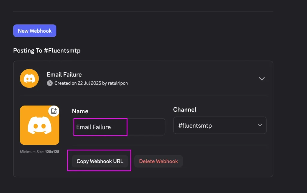 named webhook and copy URL