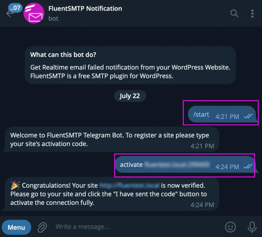 Activate telegram Integration