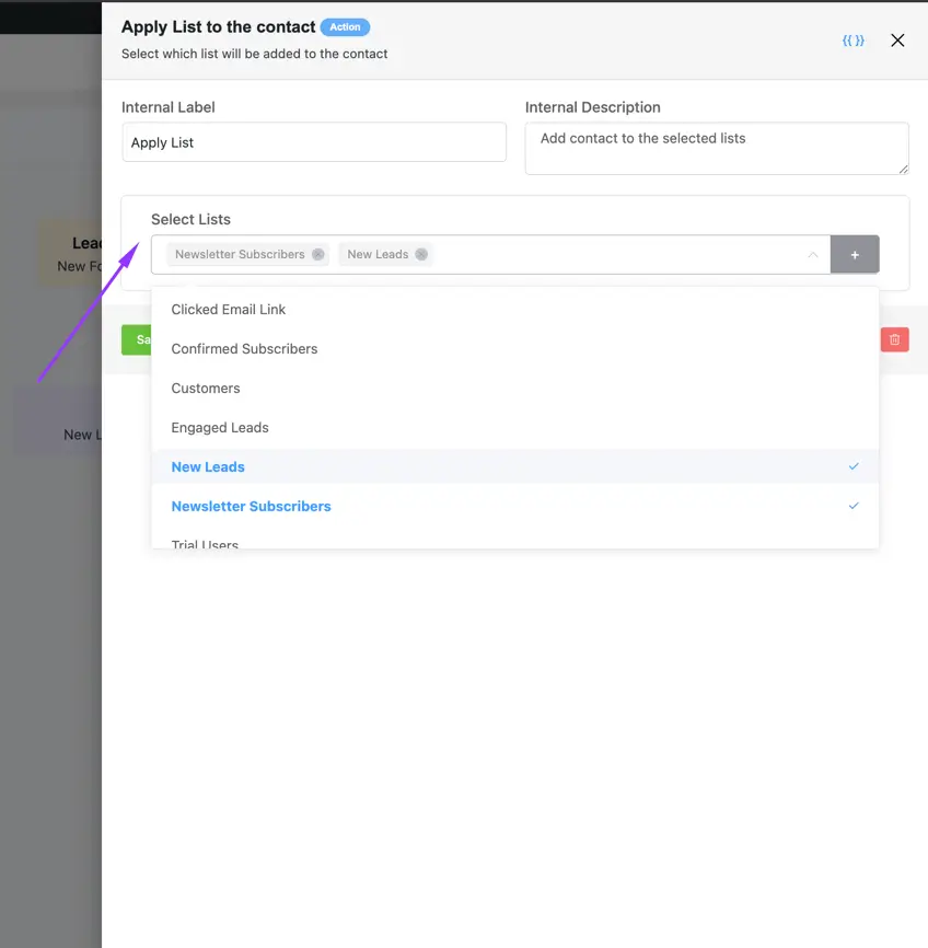 Add an "Apply Tag" and "Apply List" Action 2