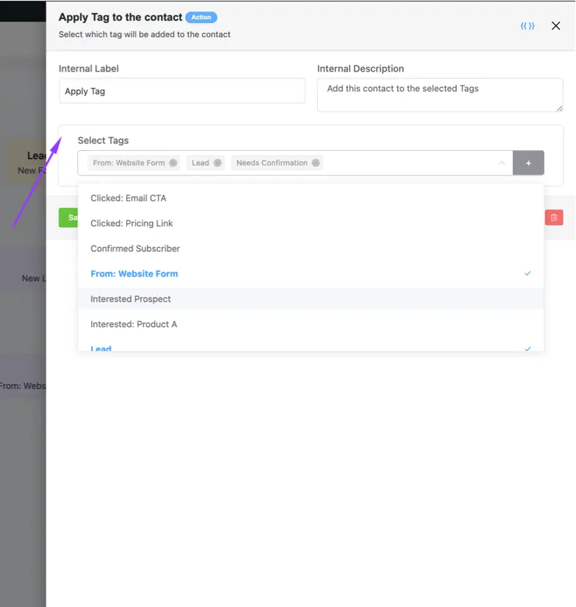 Add an "Apply Tag" and "Apply List" Action 3
