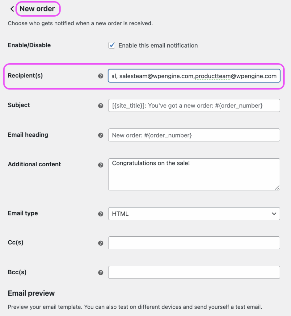 Setting recipients for email notification