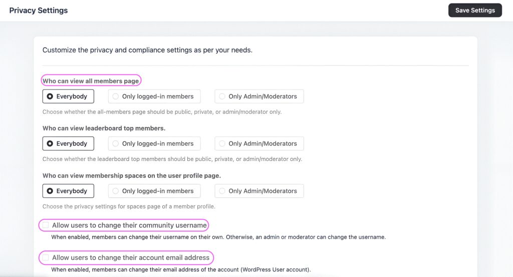 space privacy settings