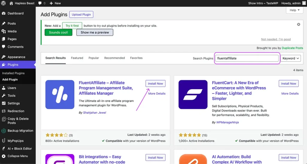Install and Activate fluentaffiliate