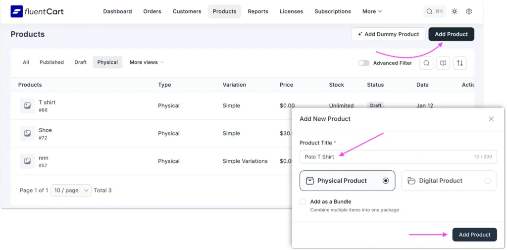 add physical product in fluentcart