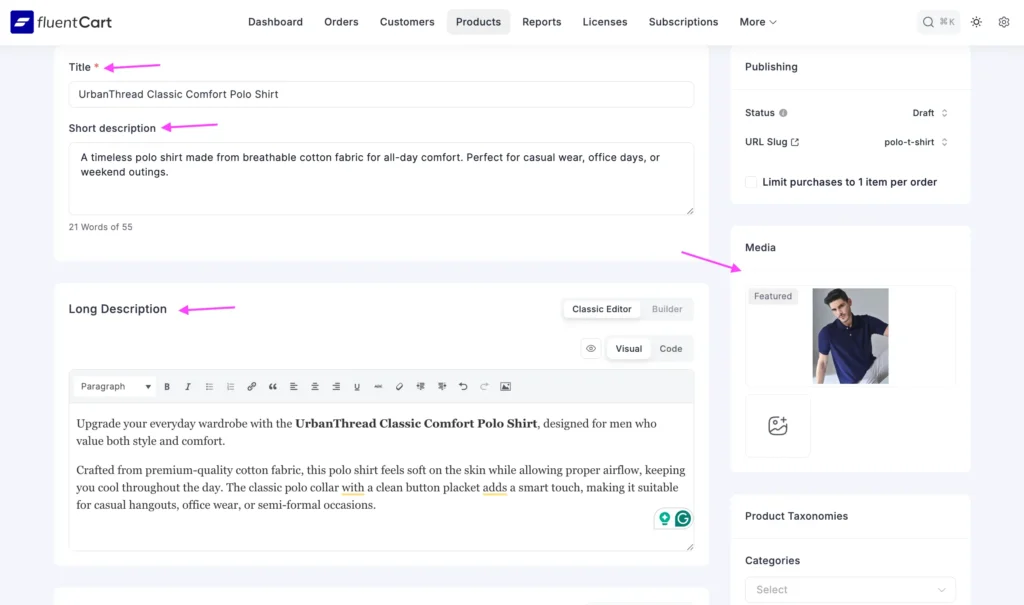 product description in fluentcart