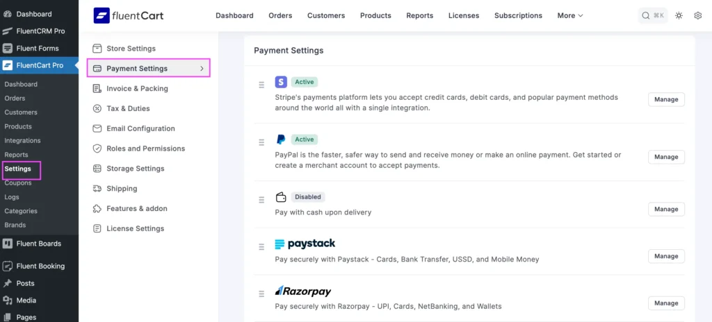 payment setup of fluentcart