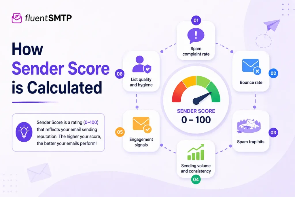 Infographic: How Sender Score is calculated with 6 factors.