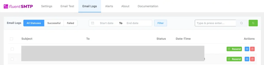 fluentSMTP email logs