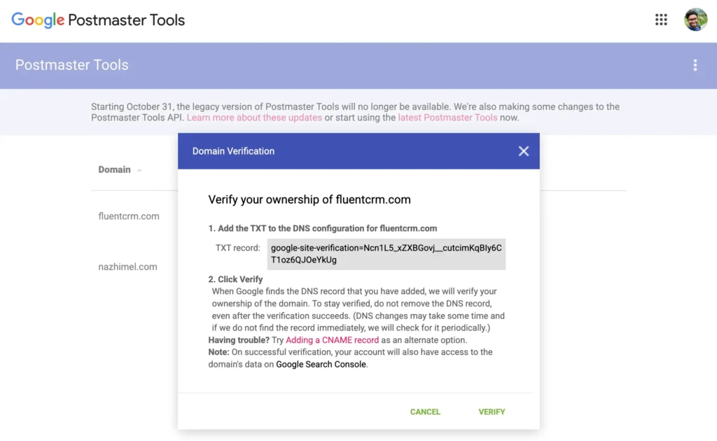 Google Postmaster Tools domain verification for fluentcrm.com showing TXT record.