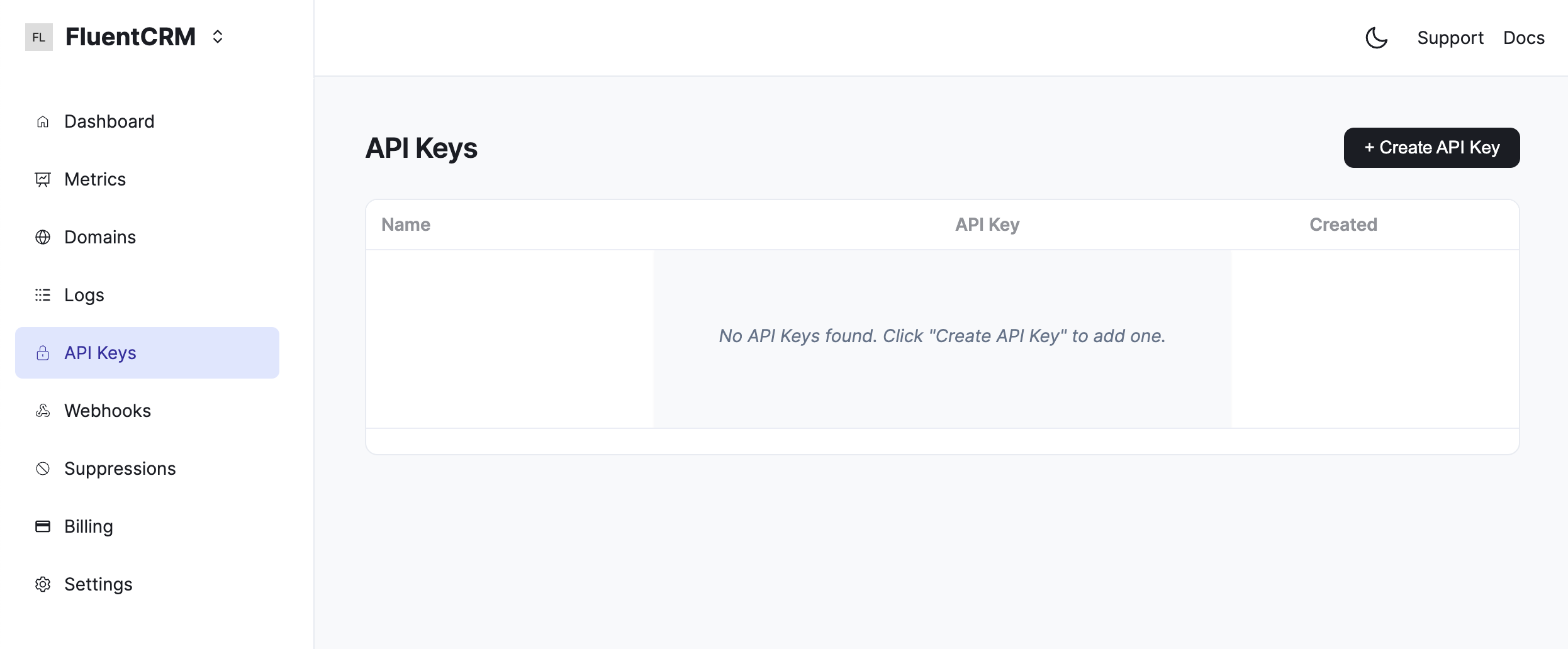 FluentCRM API Keys page showing an empty list and create button.
