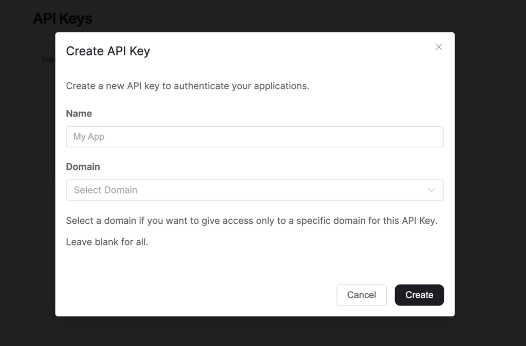 Create API Key modal with name and domain input fields.