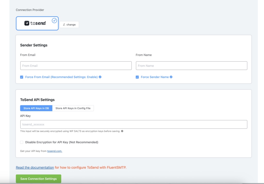 ToSend email connection provider configuration page with API settings.