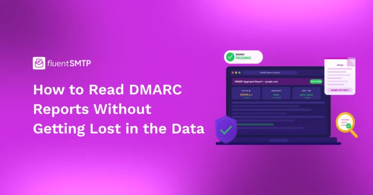 FluentSMTP DMARC report analyzer showing passing email authentication data.