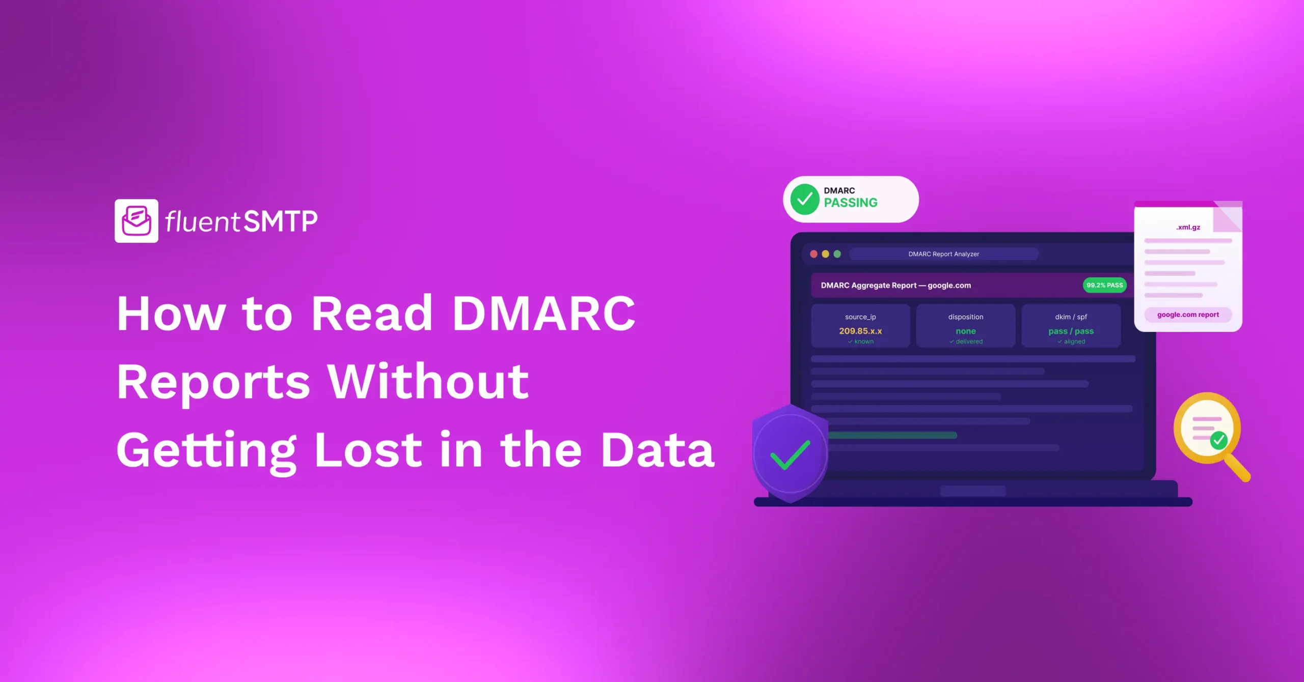 FluentSMTP DMARC report analyzer showing passing email authentication data.