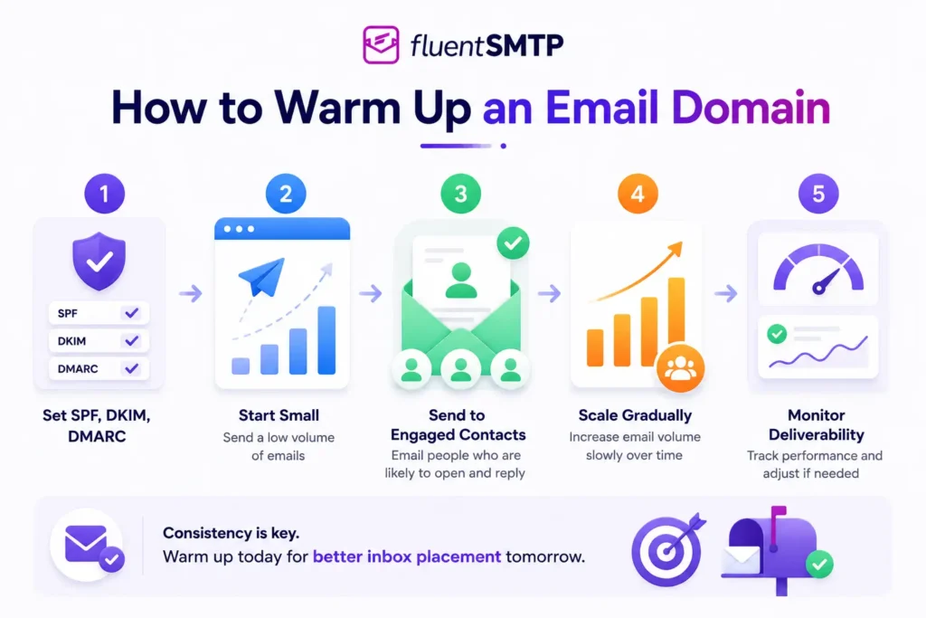 Infographic showing 5 steps to warm up an email domain.