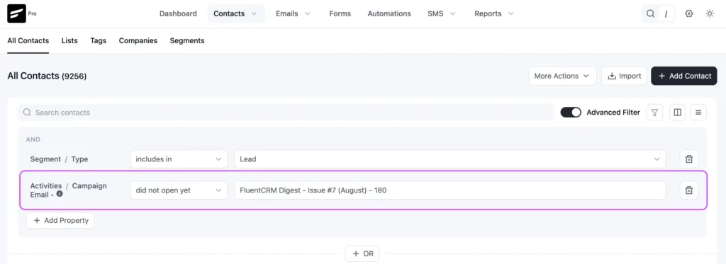CRM contact filter for unopened campaign emails.