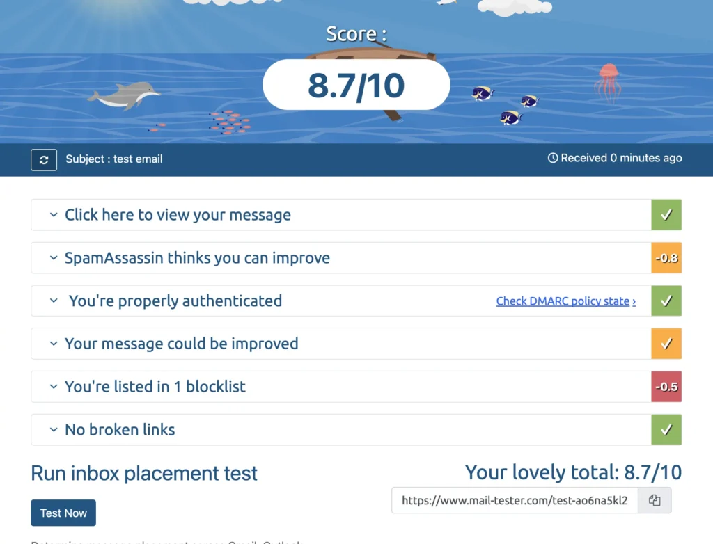 Mail-Tester score 8.7/10 showing email deliverability results.