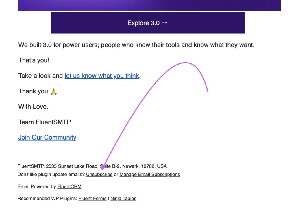 FluentSMTP 3.0 email update with unsubscribe options and purple arrow.