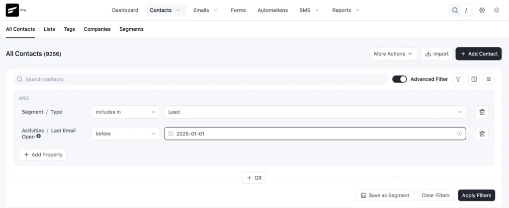 Contact management platform with advanced filtering options.