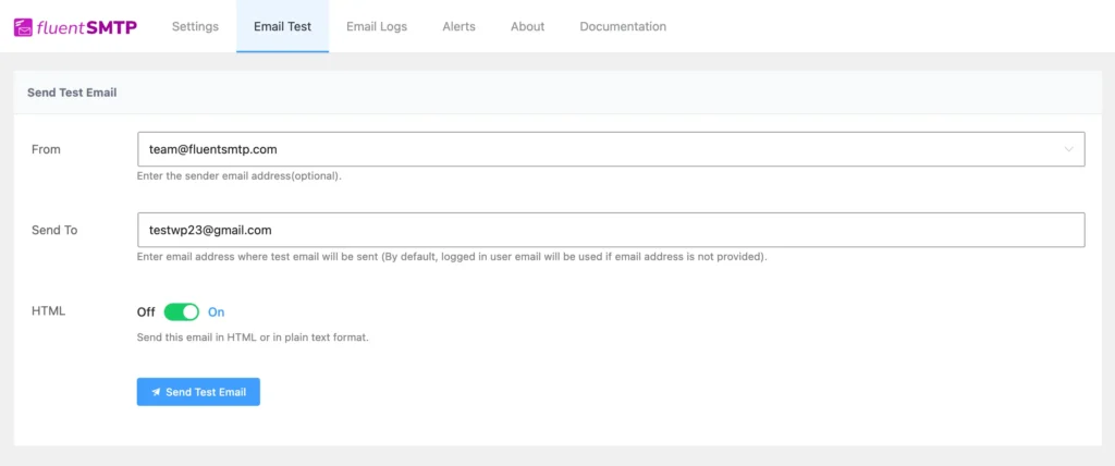 FluentSMTP email test interface with sender and recipient fields.