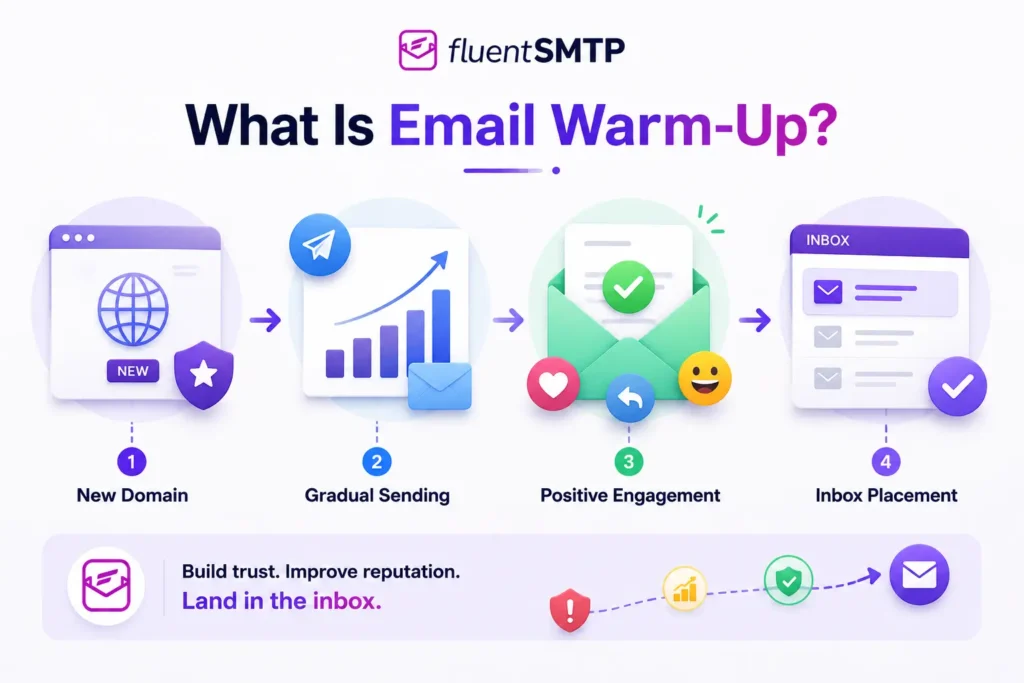 Email warm-up process infographic for better inbox delivery.