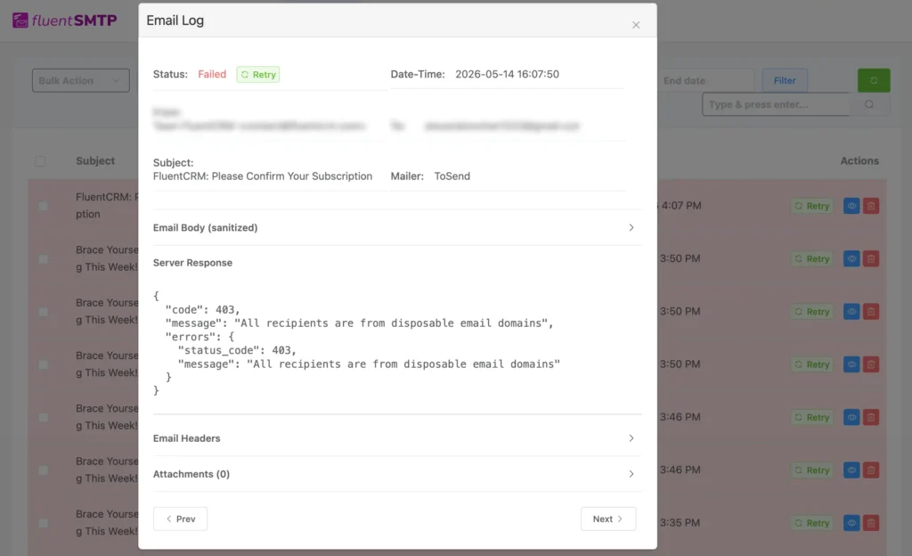 Fluent SMTP email log showing failed delivery to disposable domains.