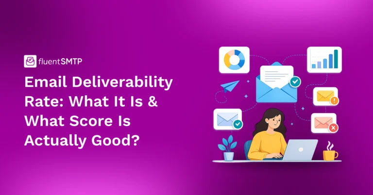 FluentSMTP: Email deliverability rate analysis with woman and icons.