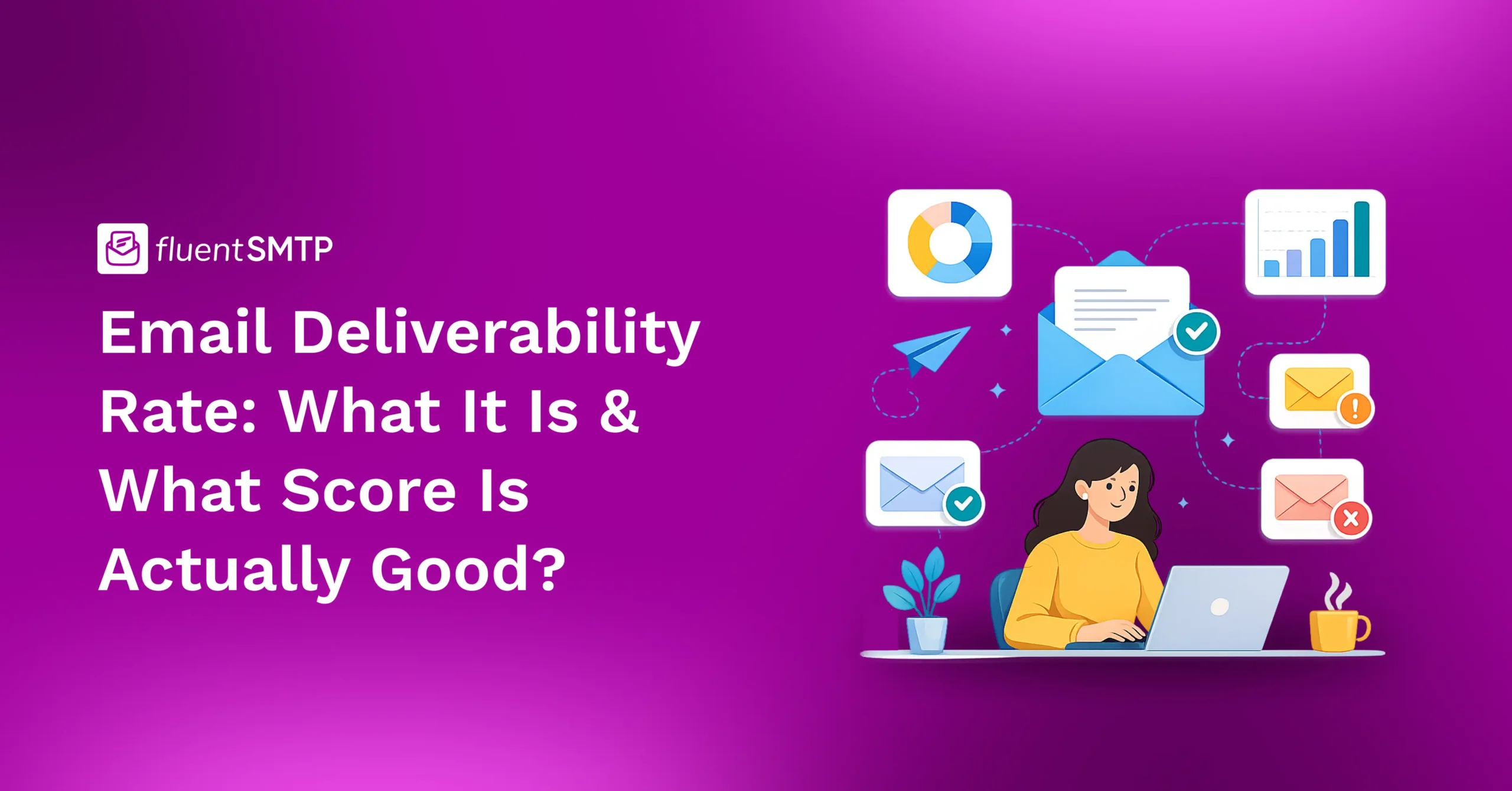 FluentSMTP: Email deliverability rate analysis with woman and icons.